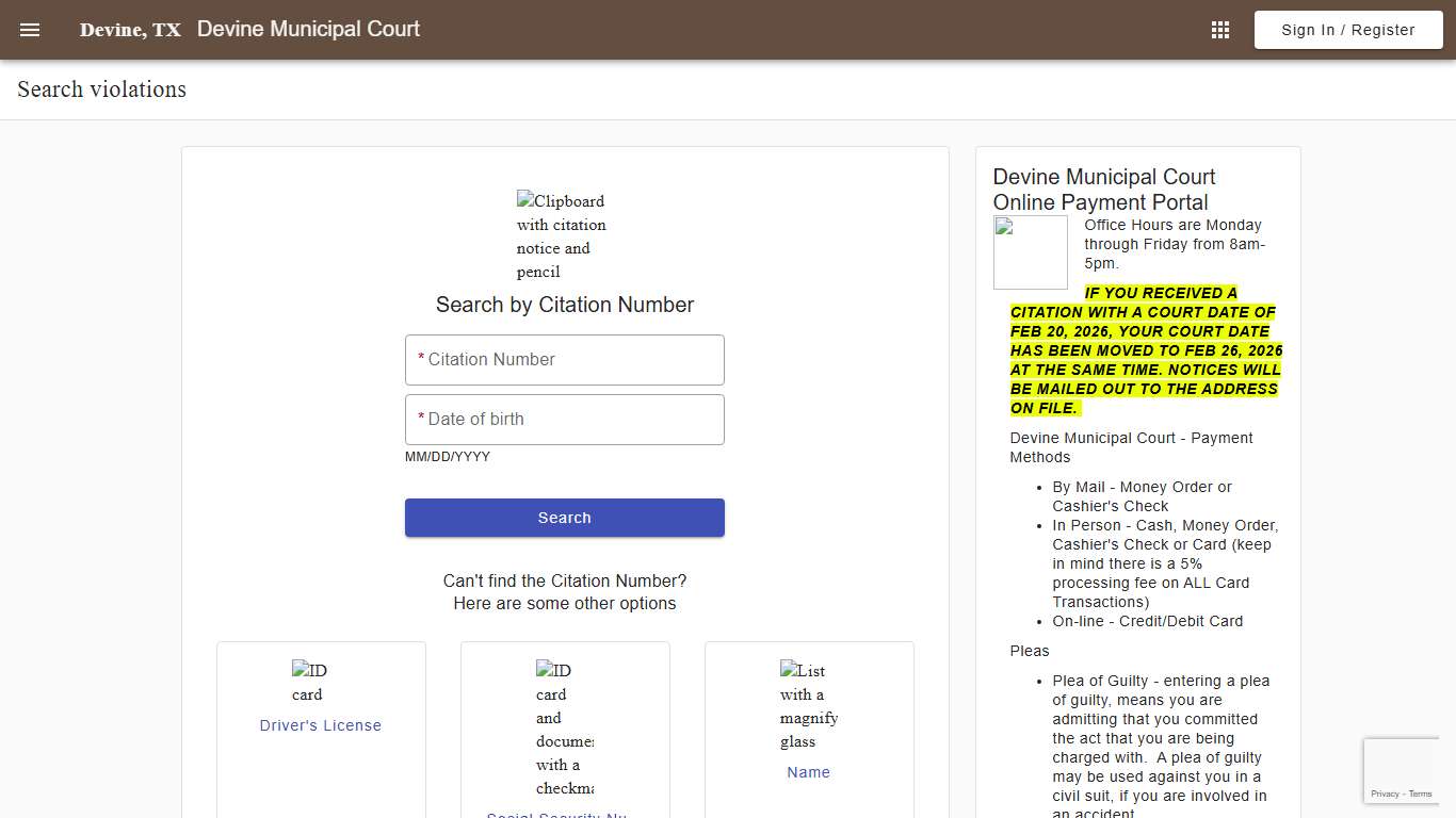 Search - Search violations - Devine Municipal Court - Devine, TX - Municipal Online Services
